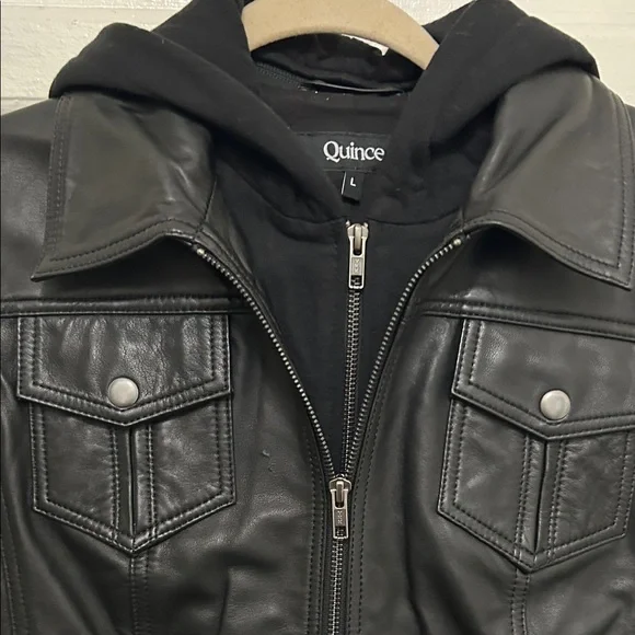 Quince NWOT Women's Black Leather Jacket with Hood - Picture 7 of 13